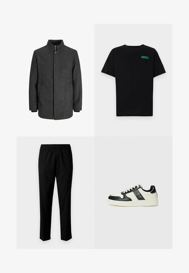Manteau en chevrons gris avec un col haut, fermeture éclair et bouton, poches latérales et poignets en tricot. Tissu texturé au design classique.; T-shirt noir en coton à manches courtes. Présente un logo "ROOTS" vert sur le devant, un col rond et une coupe standard.; Pantalon noir avec une taille élastique, présentant un design à jambe droite. Le tissu semble lisse avec une texture mate, sans motifs visibles.; Baskets en cuir avec un schéma de couleurs noir et crème, dotées d'accents perforés, d'un col rembourré et d'une semelle texturée.