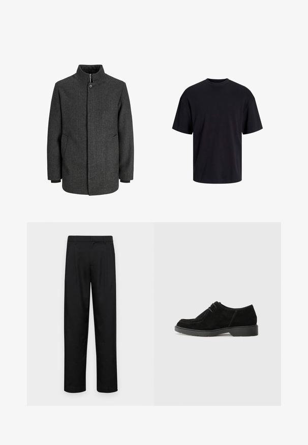 Gray herringbone coat with a high collar, zip and button closure, side pockets, and knit cuffs. Textured fabric with a classic design.; Black cotton t-shirt with a crew neckline, short sleeves, and a relaxed fit. Smooth texture and no visible patterns or accents.; Black trousers made of smooth fabric, featuring a straight-leg design, two front pleats, and standard waistband with belt loops.; Black suede dress shoe with a rounded toe, contrasting stitching, and a rubber sole. Features minimal lacing and a smooth upper design.