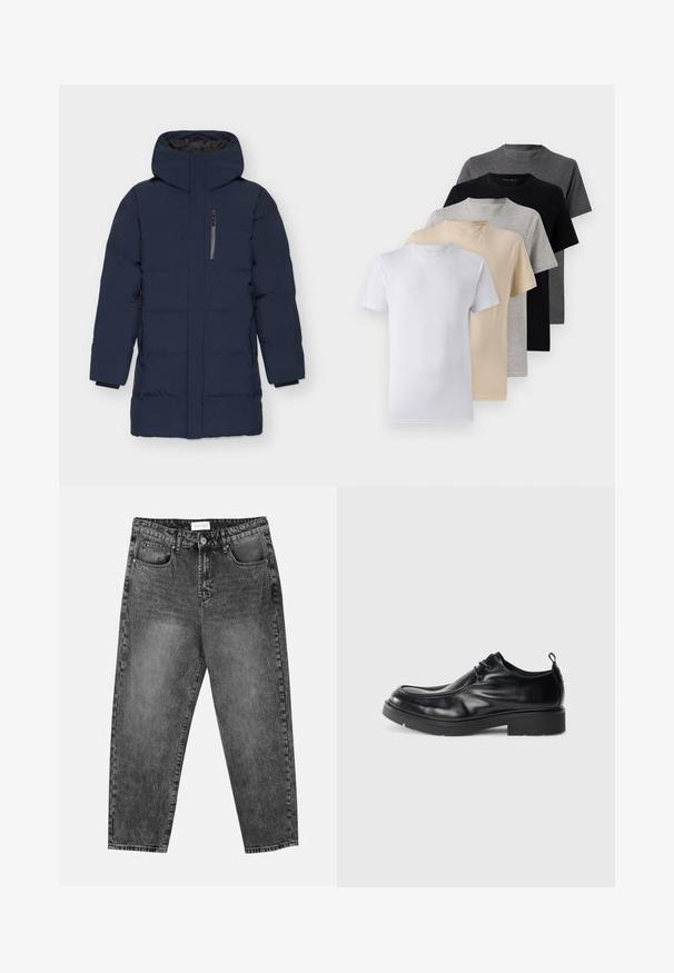 Námořnická péřová bunda s vysokým límcem a připevněnou kapucí. Obsahuje vertikální zipovou kapsu a elastické manžety. Hladký, prošívaný materiál.; Sada pěti triček s krátkým rukávem v bílé, béžové, světle šedé, tmavě šedé a černé barvě. Vyrobena z hladké bavlny, s designem kulatého výstřihu.; Černé prané rovné džíny s předními a zadními kapsami, poutky na opasek a knoflíkovým zapínáním v pase.; Černé kožené společenské boty s kulatou špičkou, šněrováním a dekorativním švem. Obsahují silnou, texturovanou gumovou podrážku a patní úchyt.