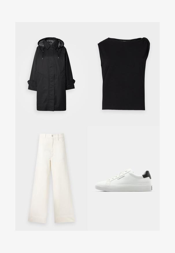 Black waterproof coat with a hood, adjustable drawstrings, two front pockets, and buttoned cuff details. Smooth texture and straight silhouette.; Black short-sleeve top made of smooth fabric. Features a round neckline and draped detail on the shoulder. Simple, fitted design.; Wide-leg trousers in light beige cotton. Features a high waist, front pockets, and a straight cut. Clean hem finishing without patterns.; White sneaker with a smooth finish, black heel accent, and lace-up design. Features "Calvin Klein" branding on the side. Minimalist style.