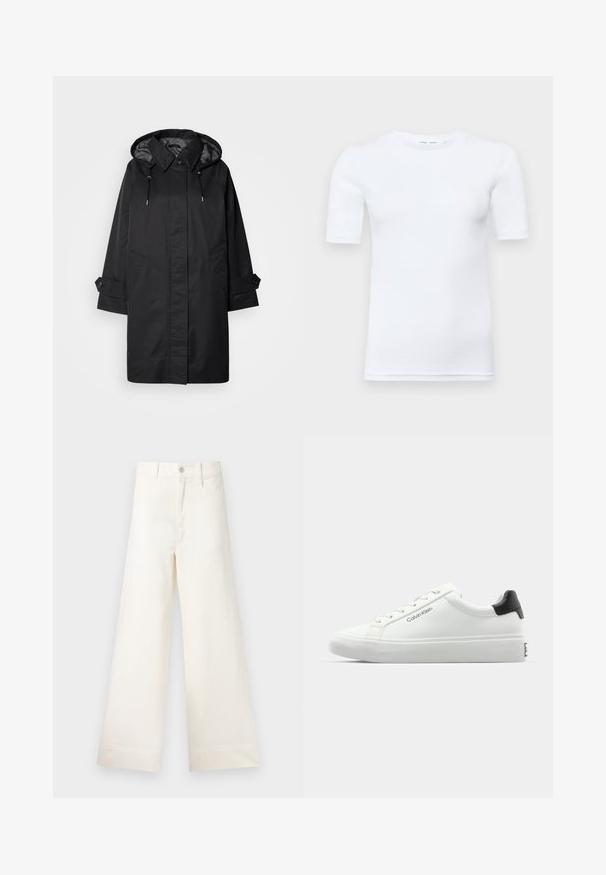 Zwarte waterdichte jas met een capuchon, verstelbare trekkoorden, twee voorzakken en knoopdetails bij de manchetten. Gladde textuur en rechte silhouet.; Witte korte mouw t-shirt gemaakt van katoen. Heeft een ronde halslijn en een gladde textuur, met minimale stiksels zichtbaar aan de zoom.; Bredere broek van lichtbeige katoen. Heeft een hoge taille, voorzakken en een rechte snit. Schoon afgewerkte zoom zonder patronen.; Witte sneaker met een gladde afwerking, zwarte hielaccenten en vetersluiting. Bevat "Calvin Klein" branding aan de zijkant. Minimalistische stijl.