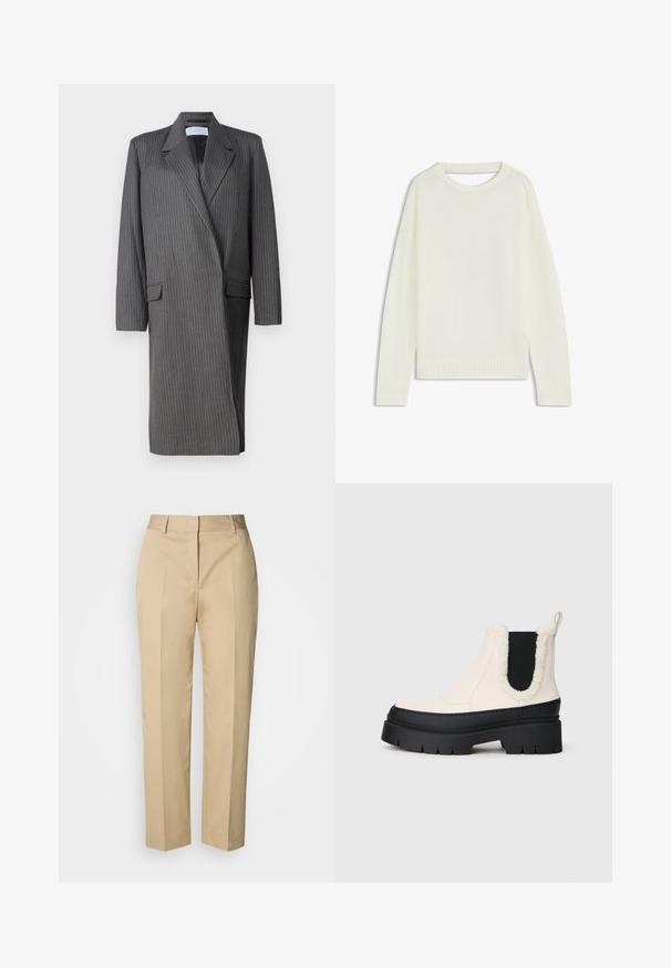 Grauer Blazer mit Streifenmuster, Reverskragen, langen Ärmeln und doppelter Knopfleiste. Strukturierter Stoff mit maßgeschneiderter Silhouette.; Hellbeige Pullover mit Rundhalsausschnitt, langen Ärmeln, geripptem Saum und weicher Textur. Keine Muster oder sichtbaren Hardware-Details.; Beige Straight-Leg-Hose mit Gürtelschlaufen, Vorderfalz und verdecktem Verschluss, präsentiert vor hellem Hintergrund.; Klüpfende Plattform-Stiefeletten mit einem weißen Obermaterial, schwarzer Gummisohle und kontrastierenden schwarzen elastischen Seitenpaneelen. Kunstpelzbesatz am oberen Rand.
