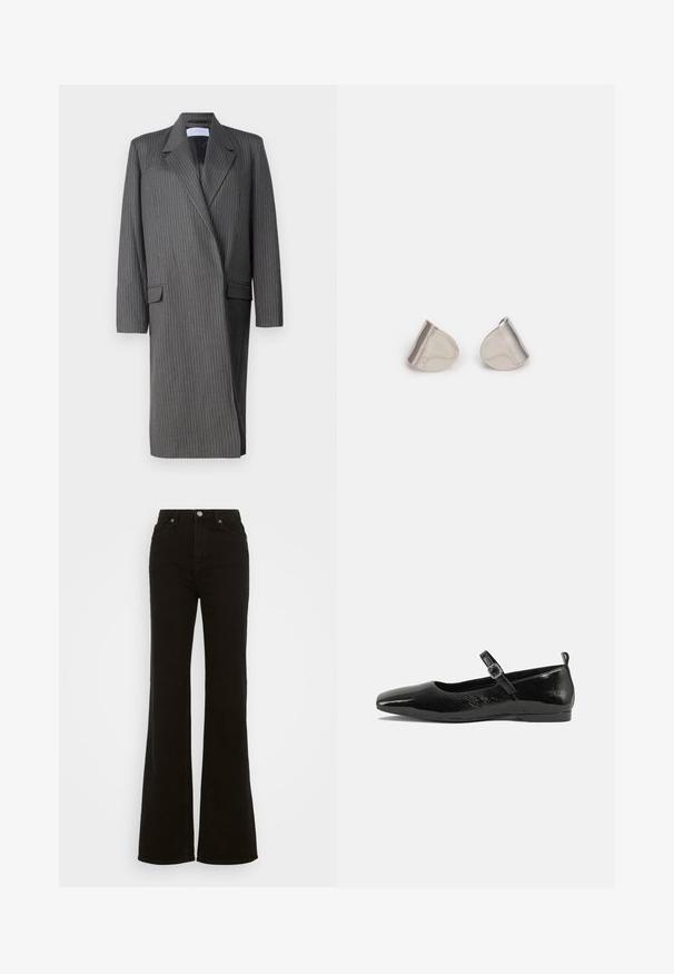 Pelēks svītrainais garais žakets ar ausēm, garām piedurknēm un divkāršu priekšpusi. Tekstūrēts audums ar piegriezuma siluetu.; Vero Moda Tall VMMERCURY HIGHNECK - Džemperis - birch; Augstas jostas melni izplūduši džinsi, kas izgatavoti no denima, ar pogu aizdari, sānu kabatām un gludu tekstūru.; Melna patentēta ādas dzīvokļu kurpe ar smailu purngalu, potītes siksniņu ar sprādzi un gludu, spīdīgu tekstūru. Zems papēdis komfortam.; Sudraba metāla auskari ar gludu, asarveida formu un pulētu apdari. Smalkas gravējumi pievieno detalizāciju. Minimālisma dizains.