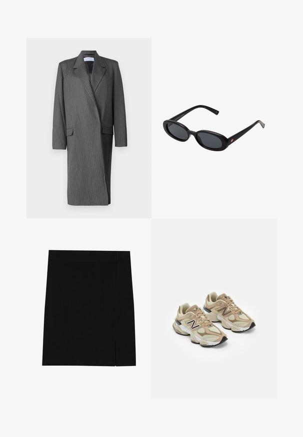 Harmaan raitaneuleinen pitkä bleiseri, jossa on viisto kaulus, pitkät hihat ja kaksoisnappikiinnitys. Rakenteellinen kangas ja muotoiltu siluetti.; Valkoinen lyhythihainen t-paita, joka on valmistettu puuvillasta. Pyöreä pääntie ja rento malli. Sujuva pinta ilman näkyviä kuvioita tai koristeita.; Mustat minihameet pehmeästä kankaasta, tiukka muotoilu, sivussa on pieni halkio lisäyksinä.; Beige lenkkarit, joissa on verkko- ja mokkanahkamateriaaleja. Varustettu mustalla logolla ja teksturoiduilla yksityiskohdilla. Paksu valkoinen välikeen ja musta kumipohja.; Mustat ylisuuruiset aurinkolasit, jotka ovat soikeat linssit, sileä muovikehys ja kultaiset korostukset temppeleissä. Tummat linssit tarjoavat suojaa auringolta.