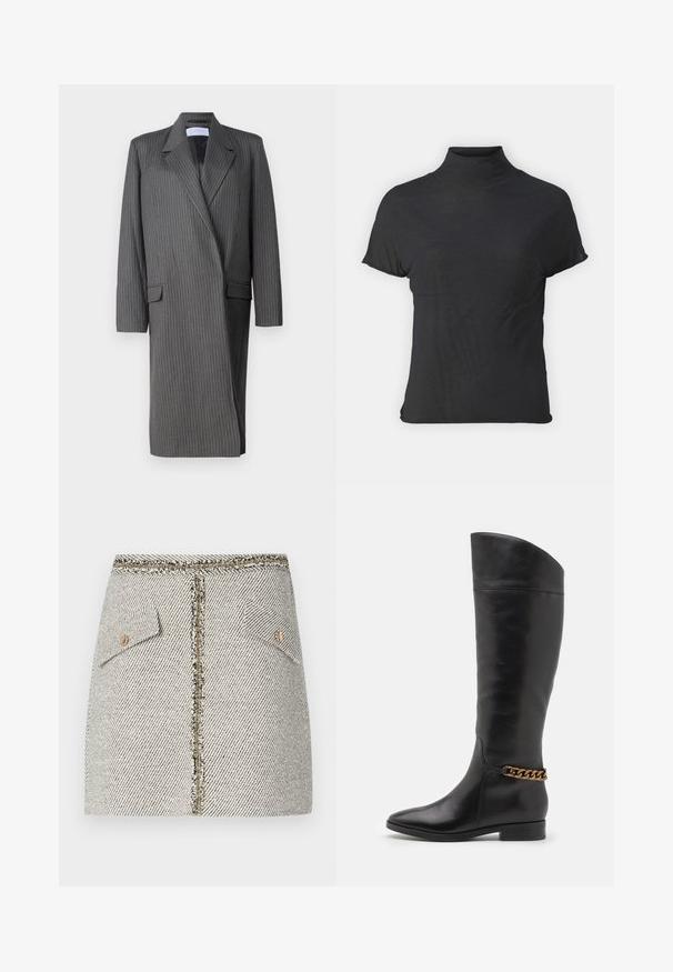 Blazer lung gri cu dungi fine, cu rever tăiat, mâneci lungi și un front cu două rânduri de nasturi. Material texturat cu o siluetă croit.; Top negru cu mânecă scurtă, tip turtleneck, realizat dintr-un material ușor, cu o textură fină și o formă ajustată, având un gât înalt.; Fustă din tweed țesută, albă cu motive piersici în alb și negru, are două buzunare frontale și un fermoar aurit la spate cu margini desfăcute.; Cizme negre din piele înalte, cu un design elegant, vârf ascuțit și un accent de lanț auriu la gleznă. Toc mic în formă de bloc. Textură netedă.