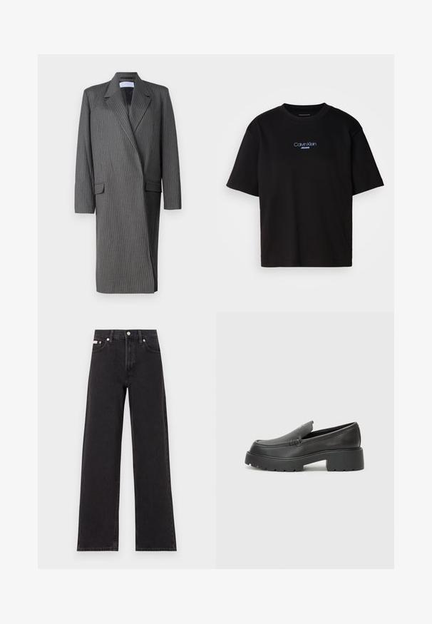 Grå randig lång kavaj med spetsiga slag, långa ärmar och dubbelknäppt fram. Texturerad tyg med en skräddarsydd silhuett.; Svart bomulls T-shirt med rund nacke, korta ärmar och blå broderad "Calvin Klein JEANS" logotyp på framsidan.; Svarta vida jeans i denim med hög midja, fem fickor och metallknappstängning med kontrasterande sömmar.; Svarta läderloafers med rund tå, tjockt strukturerat såle och minimala sömnadsdetaljer. Snygg design utan synliga snören eller beslag.