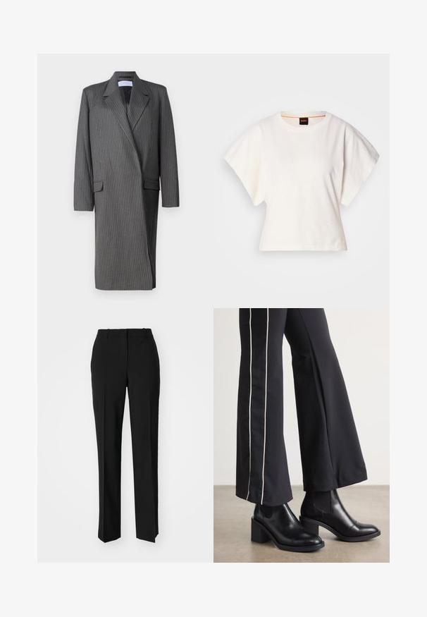 Gray pinstriped long blazer with notched lapels, long sleeves, and a double-breasted front. Textured fabric with a tailored silhouette.; White cropped T-shirt, short wide sleeves, soft cotton material, round neckline with subtle orange trim, minimal design, no patterns or graphics.; Black tailored trousers with a straight-leg design, featuring a smooth texture and crisp creases along the front. No visible hardware.; Black leather ankle boots with a block heel, featuring elastic side panels. Paired with black pants that have a white side stripe.