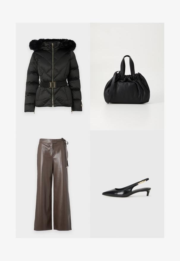 Čierna prešívaná puffer bunda s predným zipsom, opaskom v páse, kapucňou s kožušinovým lemom a zipsami na manžetách dlhých rukávov.; Biely dlhý rukáv V-krčný skrátený top s priliehavým dizajnom a širokými manžetami na jednolatom pozadí.; Hnedé nohavice zo syntetickej kože s širokými nohavicami, vysokým pásom a bočnými viazaniami na bielom pozadí.; Čierne kožené slingback opätky s špicatou špičkou, s úzkym opätkom a zlatým detailom na nastaviteľnom remienku. Hladká textúra.; Čierna kožená kabelka so zberaným vrchom, s dvoma krátkymi držadlami a dlhým nastaviteľným popruhom. Hladká textura, zaoblený tvar.