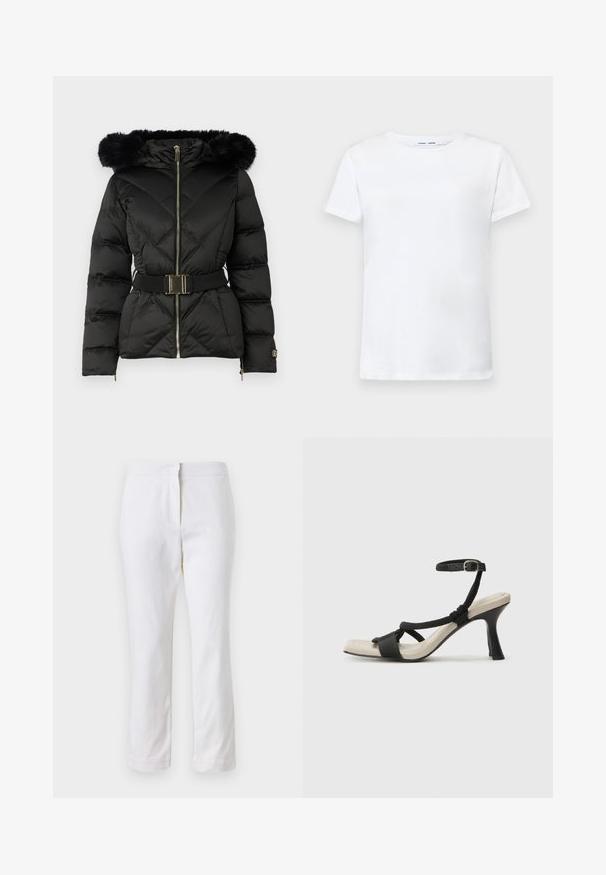 Casaco puffer acolchoado preto com fecho na frente, cintura com cinto, capuz com pelo e punhos com fecho em zíper nas mangas longas.; T-shirt branca de manga curta feita de algodão com um design de gola redonda. Textura suave e corte reto, sem padrões ou acentos.; Calças de algodão brancas com um design de perna reta, apresentando uma cintura de altura média e sem hardware ou padrões visíveis. Textura suave por toda a peça.; Sandal com salto alto preto e design de tiras trançadas, bico quadrado e tira de tornozelo ajustável. Sola em tom bege claro com um salto preto brilhante.