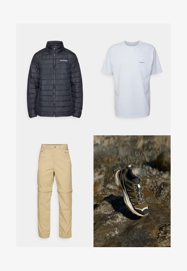 Fekete puffertakaró magas gallérral, cipzáras elülső résszel és vízszintes steppelt mintával. A bal mellkason Columbia logóval rendelkezik.; Fehér pamut póló rövid ujjakkal, kerek nyakkal és bal oldalon elhelyezett zsebbel, amelyen egy kék "Patagonia" logó található. Klasszikus szabású, sima textúrával.; Beige, zipzáras nadrág sima textúrával, két oldalsó zsebbel, gombos záródással és felgöngyölhető nadrágszárral a sokoldalúság érdekében.; Olívazöld és fekete túrabakancs rózsaszín részletekkel. Jellemzői közé tartozik a texturált felsőrész, a rugalmas talp, a megerősített orr- és a színes fűzőrendszer.
