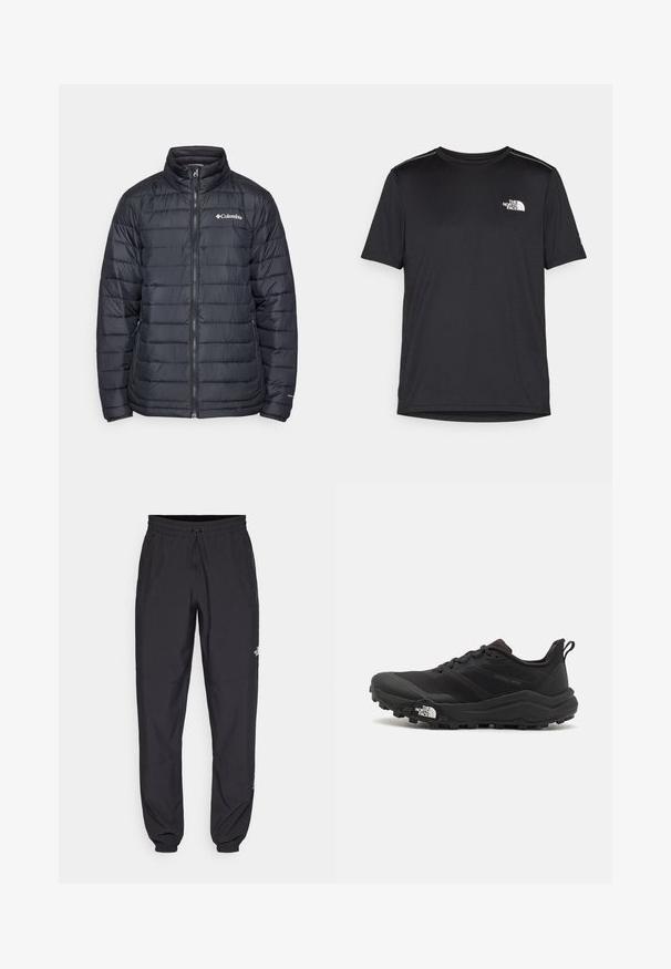 Jacheta puffer neagră cu guler înalt, fermoar pe față și design cu matlasare orizontală. Prezintă un logo Columbia pe pieptul stâng.; Tricou negru cu mânecă scurtă, realizat dintr-un material ușor. Prezintă un mic logo alb pe pieptul stâng și accente subtile pe umeri.; Pantaloni atletici negri, confecționați dintr-un material ușor, cu un tiv elastic la talie, buzunare laterale și tivuri ajustate la gleznă.; Pantofii de alergare pe teren accidentat, de culoare neagră, cu un superior texturat, talpă din cauciuc și vârf întărit. Prezintă un guler căptușit și o bandă de prindere pentru îmbrăcare ușoară.