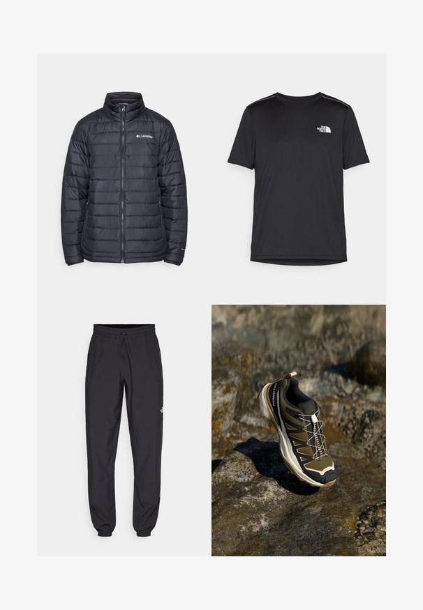 Zwarte pufferjack met een hoge kraag, ritssluiting aan de voorkant en horizontale gestikte ontwerpen. Heeft een Columbia-logo op de linkerborst.; Zwarte T-shirt met korte mouwen, gemaakt van lichtgewicht stof. Bevat een klein wit logo op de linkerborst en verfijnde schouderaccenten.; Zwarte sportieve broek gemaakt van lichtgewicht stof, met een trekkoord in de taille, zijzakken en taps toelopende boorden bij de enkels.; Wandelshoe in olijfgroen en zwart met roze accenten. Beschikt over een gestructureerd bovenwerk, flexibele zool, versterkte neuzen, en een kleurrijk vetersysteem.