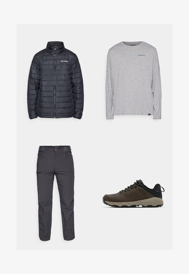 Juodas pūkinis švarkas su aukšta apykakle, užtrauktuku priekyje ir horizontaliais siuvinėjimais. Kairėje krūtinės pusėje yra Columbia logotipas.; Šviesiai pilka ilgomis rankovėmis marškinėliai, pagaminti iš minkštos, tekstūruotos medžiagos. Yra apvalus kaklas ir mažas mėlynas "Patagonia" logotipas krūtinėje.; Tamsiai pilki kelnės, pagamintos iš patvarios medžiagos, su užtrauktuku užsegamu kišeniu, tiesiu kirpimu ir diržo kilpom pritaikytiems dydžiams.; Rudi nepralaidūs sportbačiai su tekstūruota viršutine dalimi, perforuotomis detalėmis, juodu kulno palaikymu ir pilku guminio padu. Šniūreliai yra dekoruoti metaliniais galais.