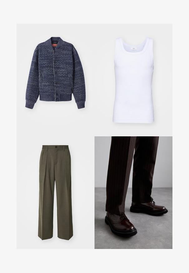 Cardigã tricotado azul marinho com padrão de espinha de peixe, gola, punhos e bainha canelados. Apresenta botões pretos na parte frontal.; Top de algodão branco sem mangas com decote redondo, apresentando uma textura suave e um corte ajustado, projetado para uso casual.; Filippa K WIDE TROUSERS - Calças - driftwood; Sapatos de couro castanho com atacadores e um acabamento brilhante, sola de borracha preta e costuras subtis. Usados com calças castanhas à risca.
