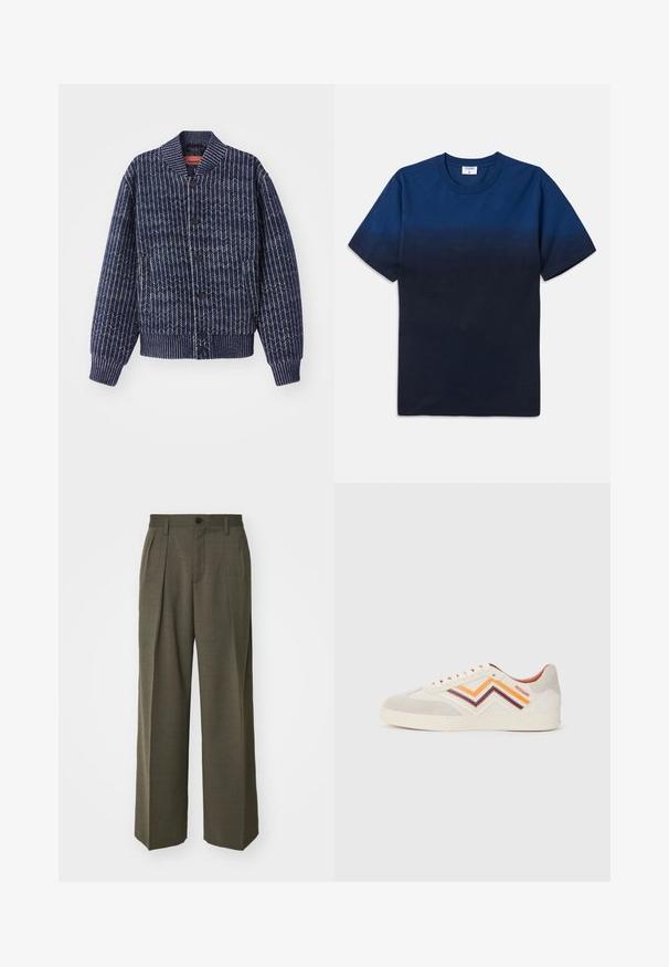Temno modra pletena jopica s ribjo kostjo, rebrastim ovratnikom, manšetami in robom. Ima črne gumbe spredaj.; Mornarsko modra bombažna majica s krožnim izrezom, kratkimi rokavi in subtilnim gradientnim vzorcem, ki prehaja od svetlejših do temnejših odtenkov.; Filippa K WIDE TROUSERS - Hlače - driftwood; Suede športni copati v svetlo sivi barvi z zigzag črtami v oranžni, vinsko rdeči in kremni barvi. Guma podplat, okrogla nos, in vezalke v luknjah. Logotip ob strani.