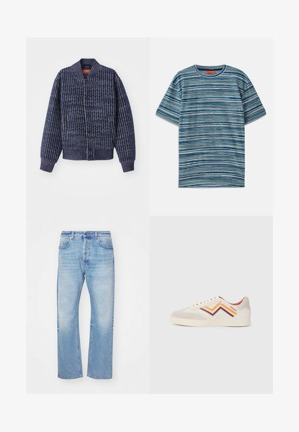 Cardigan tricotat de culoare bleu marina, cu un model în zig-zag, guler, mansete și tiv cu dantelă. Prezintă nasturi negri pe față.; Tricou cu mânecă scurtă în nuanțe de albastru, cu un model cu dungi orizontale. Fabricat dintr-un material moale, are un decolteu rotund și un design texturat.; Jeans din denim de culoare albastru deschis, cu un design drept. Prezintă o ușoară estompare, închidere cu button și stil cu cinci buzunare, având un brâu clasic.; Adidași din suede de culoare gri deschis, cu dungi în zigzag de culoare portocalie, vișinie și crem. Talpă din cauciuc, vârf rotund și șireturi prin orificii. Logo pe lateral.