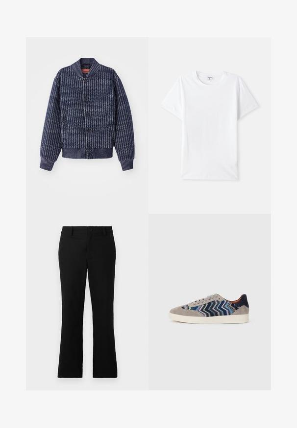 Cardigã tricotado azul marinho com padrão de espinha de peixe, gola, punhos e bainha canelados. Apresenta botões pretos na parte frontal.; Camiseta de algodão branca, com decote redondo, mangas curtas, textura suave, sem padrões ou detalhes, design simples, corte padrão.; Calças flare pretas feitas de um tecido de algodão misto, com fecho de botão, passantes para cinto e uma textura suave sem padrões visíveis.; Sapatilhas em camurça e tecido nas cores cinza, azul-marinho e padrão zigzag multicolorido. Apresentam um cabedal texturizado, bico redondo e sola em borracha plana.