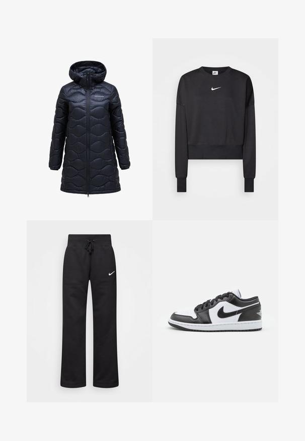 Melnā izolētā pūšļa jaka ar kapuci, ar viļņu rakstu, priekšējo rāvējslēdzi un līdz ceļiem garu dizainu. Izgatavota no spīdīga, gluda auduma.; Melna īsa sporta sega, izgatavota no kokvilnas maisījuma, ar apaļu kakla izgriezumu, garām piedurknēm un baltu Nike logo uz krūtīm.; Melnas treniņbikses, kas izgatavotas no kokvilnas maisījuma, ar regulējamu jostu, taisnām kājām un baltu Nike logo kreisajā pusē.; Melnbalti Nike zemāko sporta apavu modeļi ir ar gludu ādas virsu, apaļu purngalu, saistošo aizdari un rakstainu gumijas zoli.