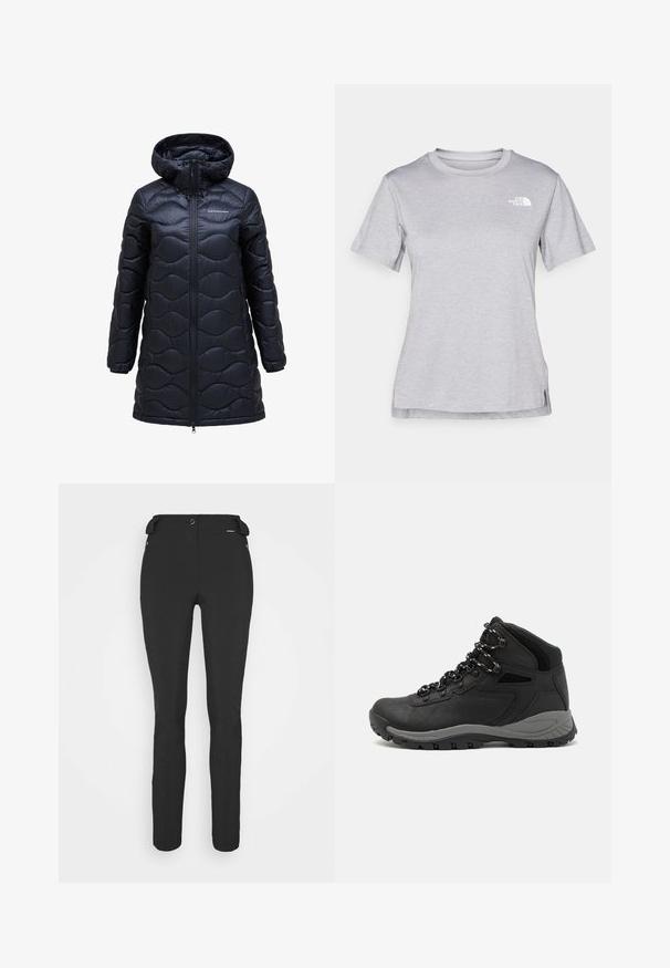 Black insulated puffer coat with a hood, featuring a wave pattern, front zipper, and a knee-length design. Made of shiny, smooth fabric.; Grey short-sleeve t-shirt made of soft, moisture-wicking fabric. Features a crew neck and a small white logo on the upper left.; Black, fitted pants made from a flexible material. Features include a zippered side pocket, articulated knees, and a smooth texture.; Black hiking boot with a mid-top design, featuring a textured upper, gray accents, and durable rubber sole with traction lugs.