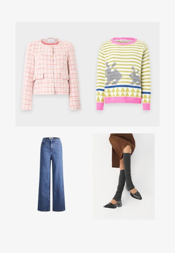 Pink and white tweed jacket with a structured design, round neckline, golden buttons, and two front pockets. Textured pattern with a grid design.; Knit sweater featuring green and white stripes, gray rabbit motifs, blue geometric band, and a pink ribbed collar and hem. Soft texture.; Light blue denim wide-leg jeans with a high waist, two front pockets, and visible stitching. Features a button and zipper closure.; Black patent leather pointed-toe shoes with a block heel and ankle strap, paired with gray ribbed leg warmers and a brown suede skirt.