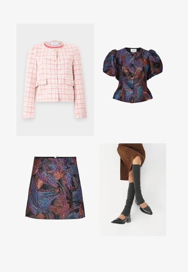 Vaaleanpunainen ja valkoinen tweed-takki, jossa on rakenteellinen muotoilu, pyöreä pääntie, kultaiset napit ja kaksi etutaskua. Rakenneosa, jossa on ruutukuvio.; Mustat puff-hihat -paitapusero, jossa on monivärisiä paljettikuvioita, pyöreä kaulus ja etupainike. Teksturoitu kangas.; Metallinen minihame, jossa on teksturoitu kuvio eläväisissä purppuran ja pronssin sävyissä, mustalla pohjalla ja koristepainikkeilla vyötäröllä.; Musta lakattu nahkakengät teräväkärkisillä, leveällä kantapäällä ja nilkkahihnalla, yhdistettynä harmaisiin ribattuihin säärystimiin ja ruskeaan mokkasiinimekkoon.