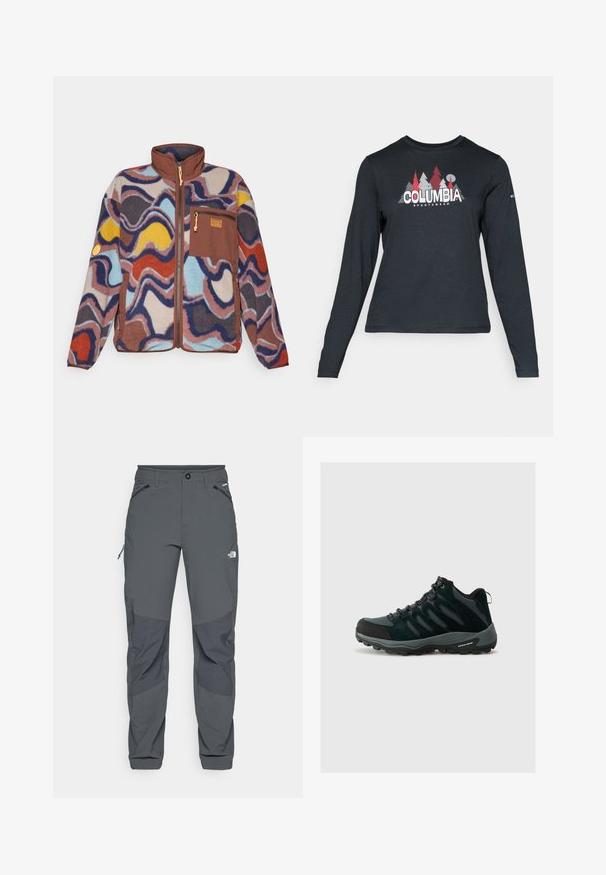 Patagonia Jakna iz flisa - multicolor; Majica z dolgimi rokavi temno siva z grafiko rdečih dreves in gora; logotip "COLUMBIA" v krepki beli barvi. Mehka tkanina, standarden krojen ovratnik.; Temno sivi zunanji hlače z ojačanimi koleni, zadrgo na stranskih in sprednjih žepih, gumbom za zapiranje ter logotipom The North Face na stegnu.; Columbia REDMOND - Pohodniški čevlji - black/citron haze