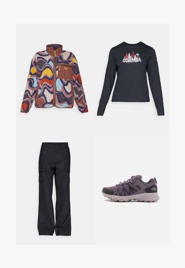 Patagonia Fliisjakk - multicolor; Pikend varrukatega tumehall särk, millel on punaste puude ja mägede graafika; "COLUMBIA" logo julge valge tekstiga. Pehme kangas, tavaline ümmargune kaelus.; Columbia BREA FALLS™ COTTON RIPSTOP PANT - Õuepüksid - black; Kerged roosad matkajalatsid, millel on võrgusilimüüri ülaosa, mustad aktsendid, pehmendusega tallad ja robustne tallaga, mis tagab haarde.