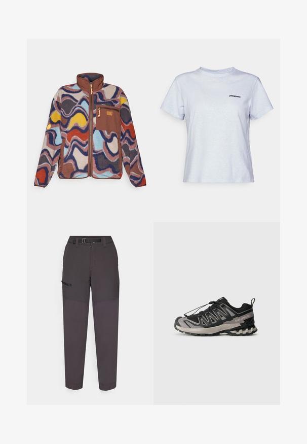 Patagonia SYNCH - Flīsa jaka - multicolor; Gaiši zils kokvilnas T-krekls ar īsām piedurknēm, apaļu kakla izgriezumu un mazu melnu logo ar uzrakstu "patagonia" uz kreisā krūšu.; Tumši pelēki kravas bikses, kas izgatavotas no viegla auduma, ar izturīgu jostu, priekšējo rāvējslēdzēju un sānu kabatu ar Velcro aizdari.; Melnas un pelēkas sporta apavus ar sietveida augšdaļu, gumijas zoli un elastīgu šņorēšanas sistēmu. Iespējama pastiprināta purngala un teksturēti akcenti.