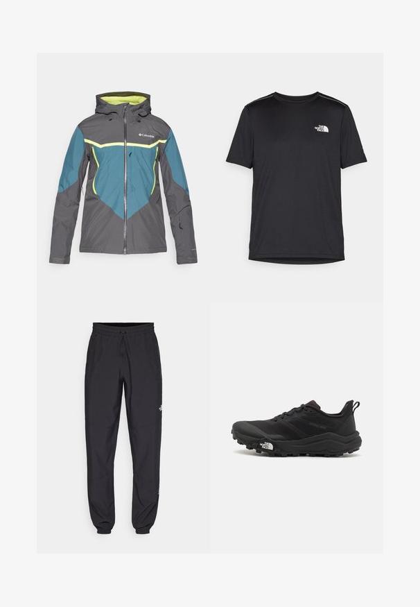 Casaco impermeável cinza e azul-água com capuz, frente com fecho éclair e detalhes em amarelo. Possui vários bolsos com fecho éclair e punhos ajustáveis.; T-shirt preto de manga curta feito de um tecido leve. Apresenta um pequeno logo branco ao lado esquerdo do peito e detalhes subtis nos ombros.; Calças atléticas pretas feitas de tecido leve, com um cós ajustável por cordão, bolsos laterais e punhos afunilados nos tornozelos.; Sapatilha de trail running preta com um upper texturizado, sola de borracha e biqueira reforçada. Possui um colarinho acolchoado e uma alça para facilitar o calçar.