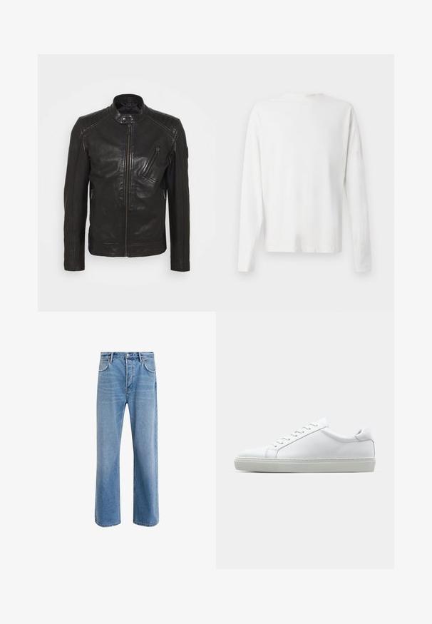 Svart lädermotorcykeljacka med ståkrage, kviltade axeldetaljer, asymmetrisk framdragkedja och två fickor med dragkedja.; Vit långärmad skjorta i bomull med rund halsringning, sidofickor längst ner och en slät yta, visad bakifrån.; Ljust blå denimjeans med rak passform, fem fickor, knappstängning, minimal blekning och kontrasterande sömdetaljer.; Vit sneaker med en slät läderövre och låg profil. Har en rundad tå, sex snörhål och en strukturerad gummisula.