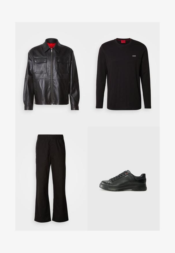 Black leather jacket with a front zipper, two chest pockets, and a red interior lining. Features a classic collar and relaxed fit.; Black long-sleeve t-shirt made of cotton, featuring a round neckline and a white "HUGO" logo on the chest. Smooth texture, casual fit.; Black elastic waistband trousers with a flared shape, made of smooth cotton fabric. Features a simple design and straight leg openings.; Black leather sneaker with textured upper, padded collar, and red logo detail. Features a thick rubber sole with distinct tread pattern.