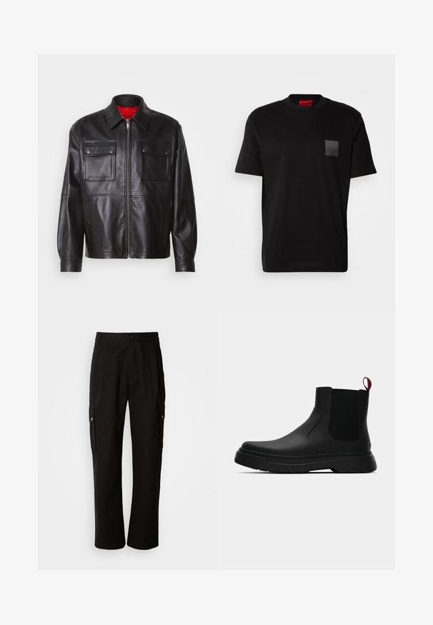 Čierna kožená bunda s predným zipsom, dvoma hrudnými vreckami a červenou podšívkou. Obsahuje klasický golier a voľný strih.; Čierne bavlnené tričko s okrúhlym výstrihom, s textúrovanou čiernou nášivkou s logom na ľavej hrudi. Krátke rukávy a voľný strih.; Čierne cargo nohavice vyrobené z bavlny s voľným strihom, majú bočné vrecká, zapínanie na gombík a rovné nohavice. Jednoduchý dizajn bez vzorov.; Čierne členkové topánky s hladkým povrchom, elastickými bočnými panelmi a kontrastným červeným poutkom, vybavené hrubou gumovou podrážkou a zaoblenou špičkou.