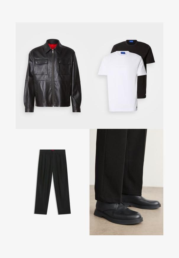 Schwarze Lederjacke mit einem Frontreißverschluss, zwei Brusttaschen und einem roten Innenfutter. Verfügt über einen klassischen Kragen und einen entspannten Schnitt.; Zwei übereinander gestapelte T-Shirts: eines weiß und eines schwarz. Kurze Ärmel, runde Ausschnitte, aus Baumwollstoff. Mit einem kleinen blauen Logo am Ausschnitt.; Schwarze Hose mit einem gefältelten Design, weiter Beinform und glatter Textur. Verfügt über ein rotes Taillenlabel.; Schwarze Lederschuhe mit abgerundeter Zehe, flacher Sohle und minimalem Design. Kombiniert mit maßgeschneiderten schwarzen Hosen, die eine glatte Textur zeigen.