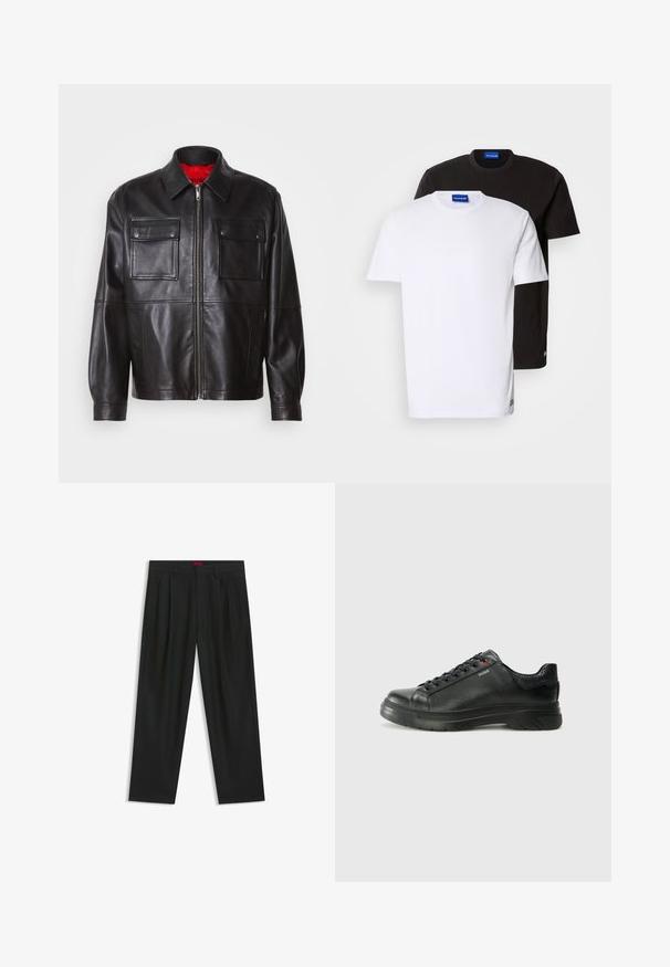 Schwarze Lederjacke mit einem Frontreißverschluss, zwei Brusttaschen und einem roten Innenfutter. Verfügt über einen klassischen Kragen und einen entspannten Schnitt.; Zwei übereinander gestapelte T-Shirts: eines weiß und eines schwarz. Kurze Ärmel, runde Ausschnitte, aus Baumwollstoff. Mit einem kleinen blauen Logo am Ausschnitt.; Schwarze Hose mit einem gefältelten Design, weiter Beinform und glatter Textur. Verfügt über ein rotes Taillenlabel.; Schwarze Leder-Sneaker mit strukturiertem Obermaterial, gepolstertem Kragen und rotem Logo-Detail. Verfügt über eine dicke Gummisohle mit markantem Profil.