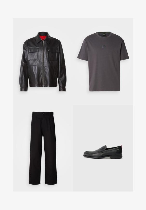 Crna kožna jakna s prednjim patentnim zatvaračem, dva džepa na prsima i crvenom unutarnjom podstavom. Ima klasičnu kragnu i ležeran kroj.; Siva pamučna majica s kratkim rukavima i okruglim izrezom. Ima reljefni heksagonalni logo na prsima. Jednostavan, ležeran dizajn.; Crne hlače od glatkog materijala, s ravnim krojem, prednjim plisiranim detaljima i jednim dugmetom za zatvaranje u struku.; Crne kožne loafere s teksturiranim prednjim panelom i glatkim stranama. Imaju uski petu i stražnju petlju za lakše obuvanje. Klasičan dizajn.