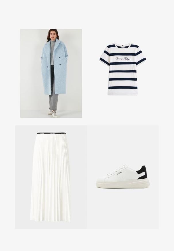 Hele sinine pikk jakk, millel on tekstuur, suured kraed, topelt-nupud ja küljetaskud, koos halli kõrge kaelusega kampsuni ja teksadega.; Puuvillane T-särk horisontaalsete tumesiniste triipudega valgel taustal. Rinnal on kiri "Tommy Hilfiger" kantud kursiivis. Ümmargune kaelus.; Kurtitudega valge seelik musta elastse vööga, millel on "LACOSTE" logo. Keskmise pikkusega disain pehme tekstuuriga.; Valged nahast tennisetossud paksu valge tallaga, musta sametist kontsakeeuga ja külje peal riigilogo reljeefne kujundus. Lukkeskeem kuue silmaauguga.