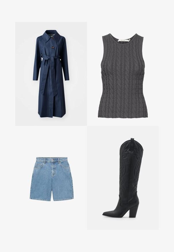 Námořnický dlouhý kabát vyrobený z hladké látky, který má široký límec, přední knoflíky a pás s kapsami po stranách.; Šedý bezrukávový svetr s copánkovým vzorem a kulatým výstřihem, s texturovaným vzorem a přiléhavým střihem. Viditelná značka uvnitř.; Džínové šortky ve světle modré barvě, s vysokým pasem, čtyřmi kapsami a viditelným prošíváním. Vyrobené z texturované džínoviny.; Zign Kovbojské/motorkářské kozačky - black