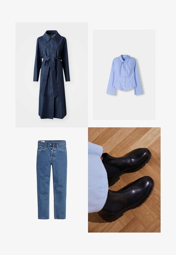 Granatowy długi płaszcz wykonany z gładkiego materiału, charakteryzujący się szerokim kołnierzem, guzikami z przodu oraz paskiem w talii i bocznymi kieszeniami.; Niebieska i biała w paski, długorękawowa koszula zapinana na guziki, z kołnierzykiem typu spread, dopasowanym krojem oraz zaokrąglonym dolnym wykończeniem. Teksturowany materiał bawełniany.; Niebieskie dżinsy o wysokim stanie, z pięcioma guzikami i prostymi nogawkami. Materiał ma fakturowane, lekko wyblakłe wykończenie.; Czarne botki za kostkę wykonane z gładkiej skóry, z elastycznymi bocznymi panelami, teksturowaną gumową podeszwą oraz kontrastowym przeszyciem wzdłuż krawędzi.