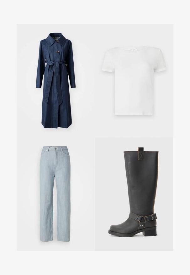 Sötétkék hosszú kabát sima anyagból, széles gallérral, elülső gombokkal és övvel, oldal zsebekkel.; Fehér pamut póló kerek nyakkal és rövid ujjakkal. Az anyag simának tűnik, könnyű textúrával és látható minták nélkül.; Világoskék egyenes szárú farmernadrág. Öt zsebbel, fém gombos záródással és finom kopási hatással a textúra érdekében rendelkezik.; Fekete bőr, térd fölé érő csizma texturált felülettel, oldalán csat díszítéssel és alacsony sarokkal. Részletes varrások a varrások mentén.