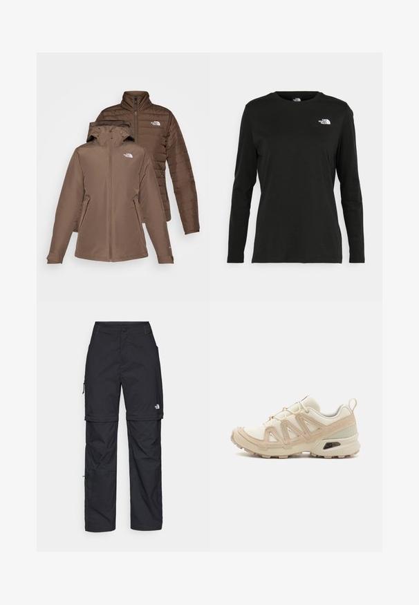 Duos rudos švarkai sukrauti; vienas su kapu ir užtrauktuku priekyje, kitas pūkuotas su siuvinėjimu. Abu turi logotipus ant krūtinės ir užtraukiamas kišenes.; Juodas ilgomis rankovėmis medvilninis marškinėliai su apvali apykakle. Savybė - mažas baltas logotipas kairėje krūtinės pusėje. Paprastas dizainas ir pritaikymas.; Juodos nailoninės krovinių kelnės su reguliuojamais rankovėmis, daugybe kišenių ir logo ant dešinės kojos. Lygi, lengva tekstūra.; Bežinės ir kreminės spalvos sportinės bateliai su tekstūruoto tinklelio viršutine dalimi, palaikančiomis detalėmis ir guminiais padais, turinčiais raštą, užtikrinantį sukibimą.