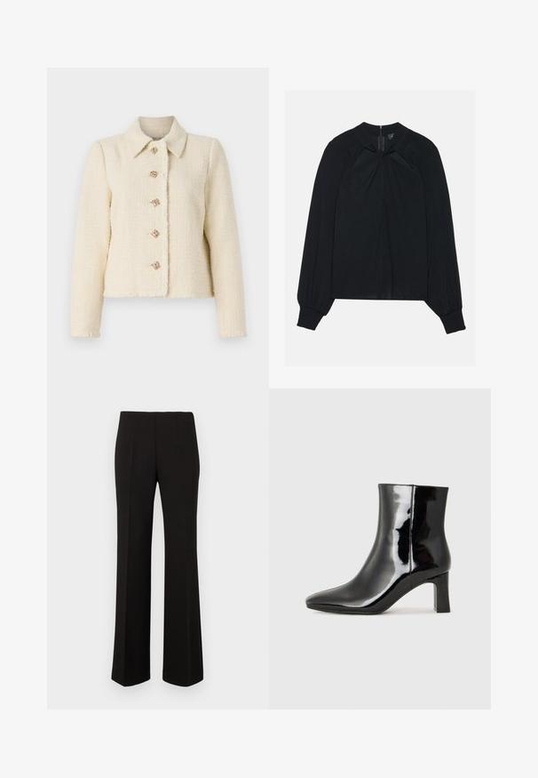Krämfärgad tweedjacka med krage, fem dekorativa fyrkantiga knappar och fransade kanter för textur.; Svart blus i lättviktig tyg med plisserad framsida, hög krage och elastiska manschetter som har en dold dragkedja i ryggen.; Svarta skräddarsydda raka byxor med hög midja och framfållar, visade mot en enkel bakgrund.; Svart lackläder ankelboot med spetsig tå och en medelhög klack. Slät textur och minimalistisk design.