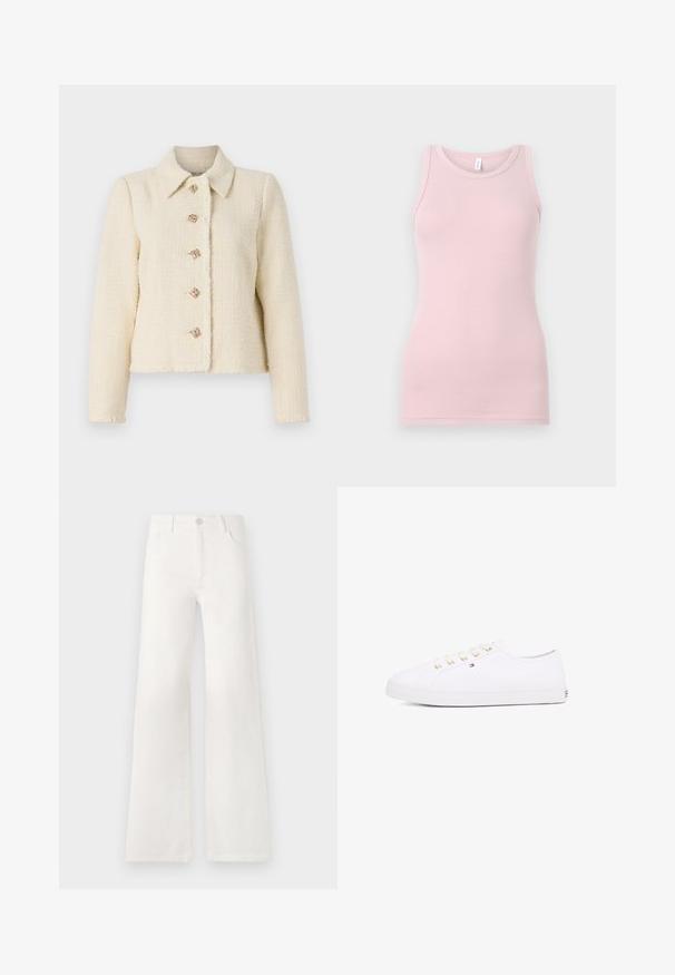 Krem tweed-jakke med kragehals, fem dekorative firkantede knapper og frynsete kanter for tekstur.; Lys rosa tanktopp laget av myk, elastisk stoff. Har en rund halslinning og smale skulderstropper, med en jevn tekstur og tettsittende form.; Hvite, høyt liv brede ben jeans laget av denim. Har knappelukking, to frontlommer og sidesømmer med sømdetaljer.; Hvit lerrets sneakers med gullinnfellinger, flate lisser, teksturert gummisåle og minimal merkevarebygging på siden. Lavprofil design.