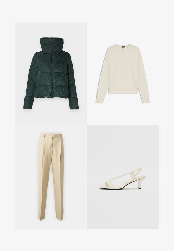 Vihreä puffatakki, jossa on kiiltävä pinta, vetoketjukiinnitys edessä ja huppu. Tyylissä on vaakasuora tikkaus ja painonappikiinnitys taskuissa.; Vaalean kermanvärinen neulepaita, joka on valmistettu pehmeästä neulekankaasta. Siinä on pyöreä kaula-aukko, päälle kapsahtavat hihat ja ribbireunukset, rento malli ja minimalistinen muotoilu.; Beige muotoleggingsit, joissa on suora leikkaus, pleatit, vyötärö ja sileä pinta. Ei näkyviä taskuja tai koristeluita.; Beige sandaalit, joissa on loiva korko, ohuet hihnat ja neliönmallinen varvasosa. Sileä materiaali, jossa on minimaalista yksityiskohtaa, suunniteltu helppokäyttöiseksi.