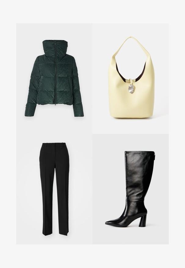 Zöld puffernadrág fényes textúrával, cipzáras elülső résszel és kapucnival. A vízszintes tűzés és patent gombos díszítések találhatók a zsebeknél.; Fehér, hosszú ujjú, bordázott anyagból készült ing, kerek nyakkivágással és testhez simuló fazonnal. Nincsenek rajta minták vagy díszítések.; Fekete, testhezálló nadrág egyenes szárú kivitelben, sima textúrával és éles redőkkel az elején. Nincs látható fémalkatrész.; Térd fölé érő fekete bőr csizma hegyes orral, sima felülettel és vastag sarkal. A hátsó részen cipzár részlet található.; Puha sárga bőrből készült hobo táska, lekerekített formával. Simára csiszolt felülettel, sötét belső béléssel és ezüst tónusú díszítéssel a zárnál.