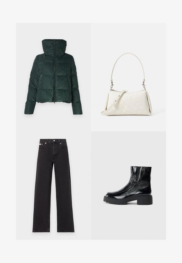 Green puffer jacket with a shiny texture, zippered front, and a hood. Features horizontal quilting and snap-button accents on pockets.; Black cotton t-shirt with a round neck, short sleeves, and blue embroidered "Calvin Klein JEANS" logo on the front.; Black wide-leg jeans made of denim, featuring a high-rise waist, five-pocket styling, and a metal button closure with contrasting stitching.; Black ankle boots with a glossy patent leather finish, chunky black rubber sole, and raised heel; includes subtle logo detail on the side.; White handbag with smooth texture, curved silhouette, and adjustable shoulder strap. Features subtle logo pattern and silver hardware accents.