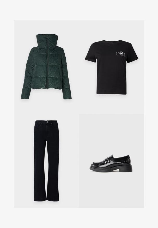Groene pufferjack met een glanzende textuur, rits aan de voorkant en een capuchon. Bevat horizontale quiltpatronen en drukknoopaccenten op de zakken.; Zwarte korte mouwen t-shirt van katoen. Heeft een witte grafische print met de tekst "KARL" en een gestileerde figuur op de borst. Ronde hals.; Zwarte denim jeans met een uitlopende pijpdesign. Bevat twee voorzakken, een kleine blauwe accent en een standaard knoopsluiting.; Zwarte gepatineerde leren instappers met decoratieve zilveren studs, ronde neus, lage blokhak en een gladde, glanzende textuur.