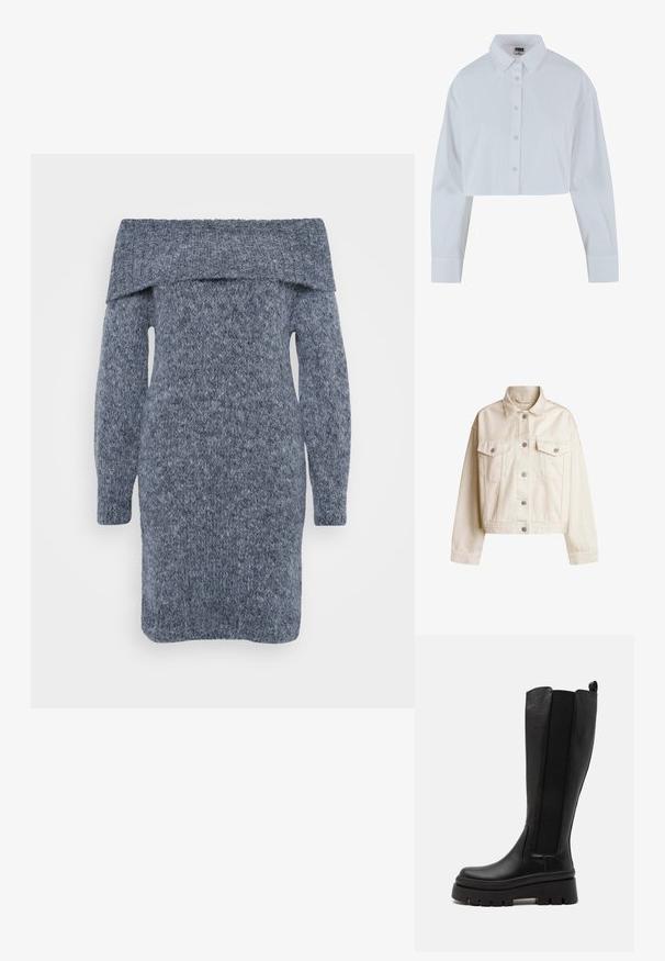 Krēmveida džinsu jakas ar apkakli, pogu priekšu, divām krūšu kabatām un īsinātu siluetu. Iezīmē sudraba toņu pogas un garas piedurknes.; Adīta džemperkleita tumši pelēkā krāsā ar plecus atklājošu kakla izgriezumu, garām piedurknēm un faktūrētu rakstu visā virsmā.; Izgriezts balts krekls ar uzmavu un garām piedurknēm, ar gludu tekstūru. Iezīmē priekšējo plati ar atbilstošiem pogām.; Melnas ceļgala augstas zābaki, kas izgatavoti no gludas ādas, ar elastīgām sānu paneļiem, masīvu platformas zoli un ribotu tekstūru uz pamatnes.