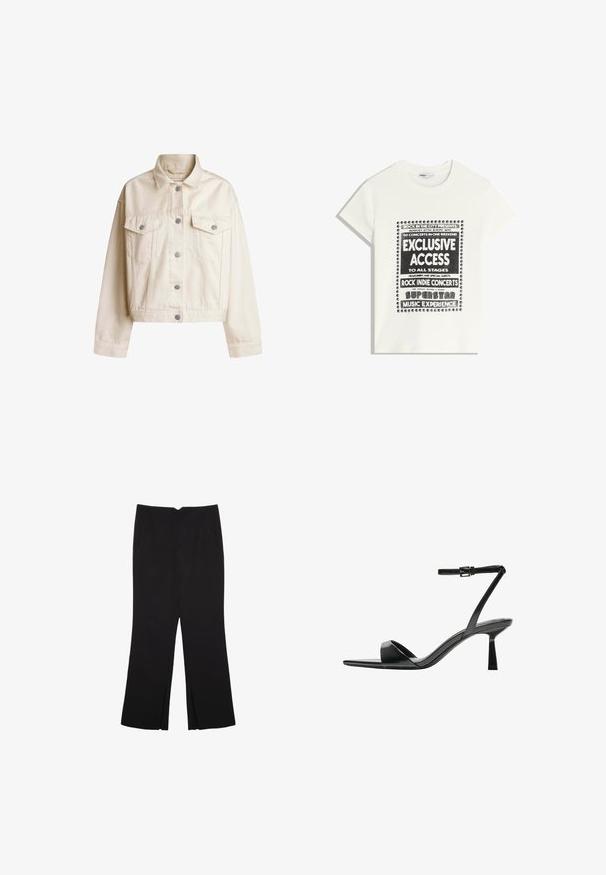 Krémová denimová bunda s golierom, zapínaním na gombíky, dvoma náprsnými vreckami a skráteným strihom. Obsahuje gombíky v striebornom tóne a dlhé rukávy.; Biela tričko s čiernym textom propagujúcim hudobnú udalosť, ktorý obsahuje "Exkluzívny prístup", "Rock Indie koncerty" a "Superstar hudobný zážitok."; Čierne nohavice so strihom rovného strihu, s prednými vreckami a bočnými rozparkami na leme. Vyrobené z mäkkej, hladkej tkaniny. Vhodné na rôzne príležitosti.; Bershka Sandále na vysokom opätku - black