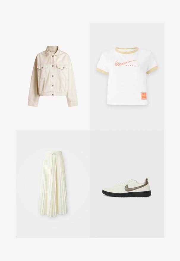 Krem jakna od denima s ovratnikom, prednjim gumbima, dva džepa na prsima i izrezanim siluetom. Sadrži gumbe u srebrnoj boji i duge rukave.; Bijela majica s zlatnim detaljima, na kojoj je crveni karićasti Nike swoosh logo, tekst "NIKE AIR" i mala narančasta Nike oznaka na rubu.; Plisirana midi suknja od svijetložutog materijala, s elastičnom strukom i mašnom, glatke teksture i vertikalnim prugama za dodatni detalj.; Nike Sportswear FIELD GENERAL - Tenisice - off-white/black