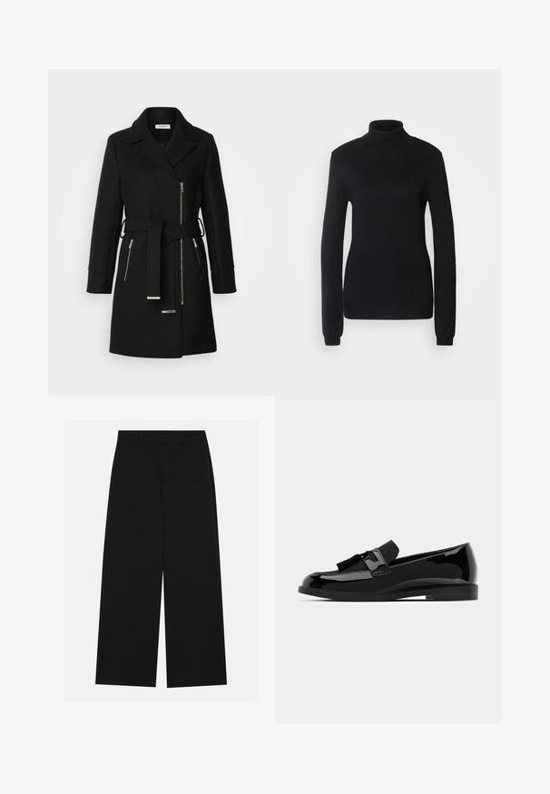 Sort uldblandingsfrakke med klippet krave, justerbart bælte og sidelommer med lynlås. Teksturstof med hardware i guldfarve.; Sort turtleneck sweater lavet af et blødt strikstof, med lange ærmer og en tætsiddende silhuet, der har ribbet krave og kant.; Breddebenede sorte bukser lavet af et glat stof. Har en flad talje med bæltestropper og ingen synlige lommer. Simpelt design.; Sorte patenterede lædersko med flad hæl, med et frynsedetalje og glat overflade, designet med en rund tå og subtil søm.